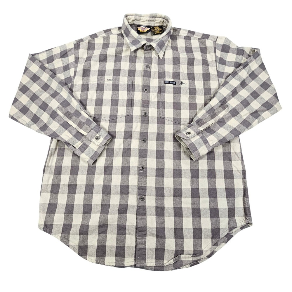 Harley Davidson‎ Heavyweight Flannel Shirt Mens Large Gray Beige Buffalo Plaid *